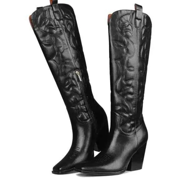 Women's Western Cowboy Boots Embroidered Knee High Cowgirl Boots Slip