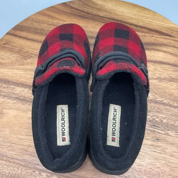 Woolrich Slippers Women Size 6 Red Black Plaid Polyester Comfort Slip On Mules