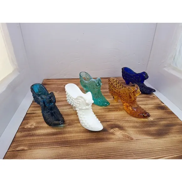 X5 Fenton Glass Cat Shoes Slippers Figurines Blue Amber Opalescent Cobalt Milk