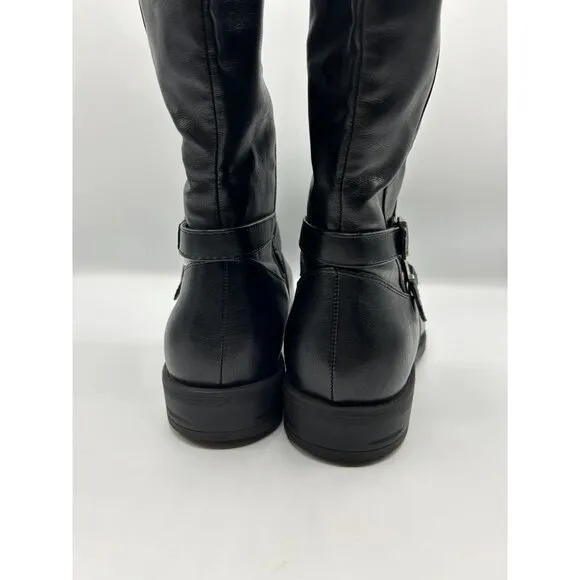 Yuu Womens Black Knee-High Camron Riding Boots With Buckle Accents 12 Wide Calf