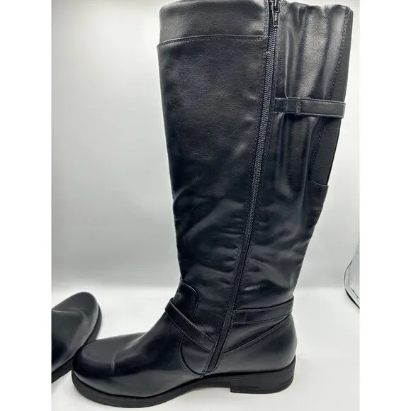 Yuu Womens Black Knee-High Camron Riding Boots With Buckle Accents 12 Wide Calf