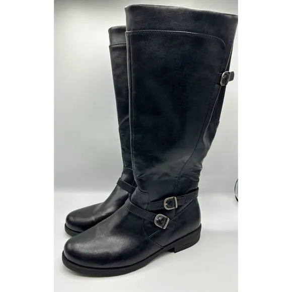 Yuu Womens Black Knee-High Camron Riding Boots With Buckle Accents 12 Wide Calf