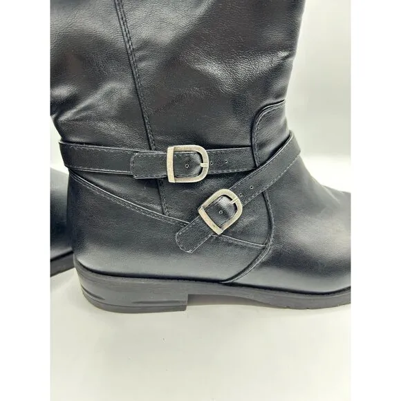 Yuu Womens Black Knee-High Camron Riding Boots With Buckle Accents 12 Wide Calf