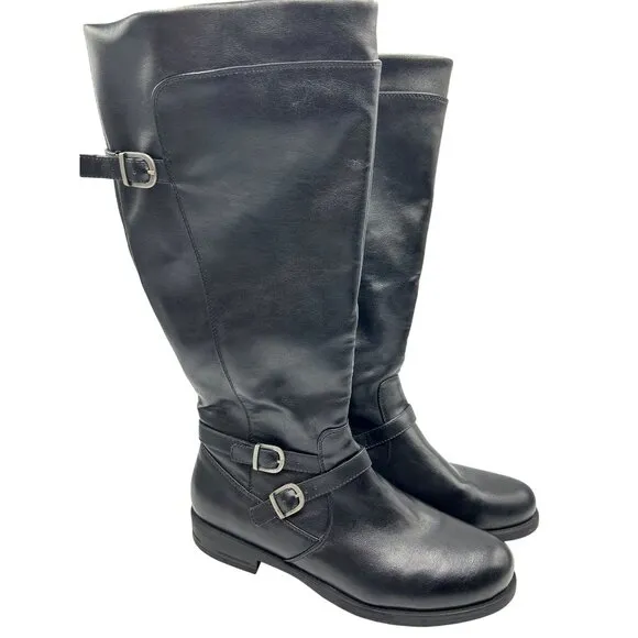 Yuu Womens Black Knee-High Camron Riding Boots With Buckle Accents 12 Wide Calf