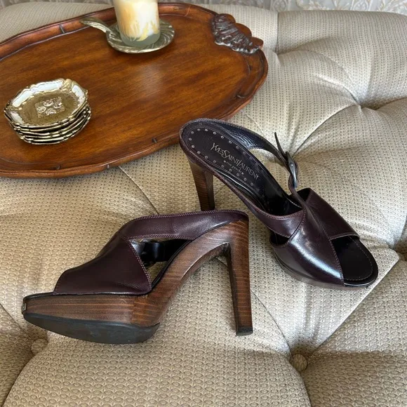 Yves Saint Laurent Women's Brown / Burgundy Wooden Heeled Sandals Size 9