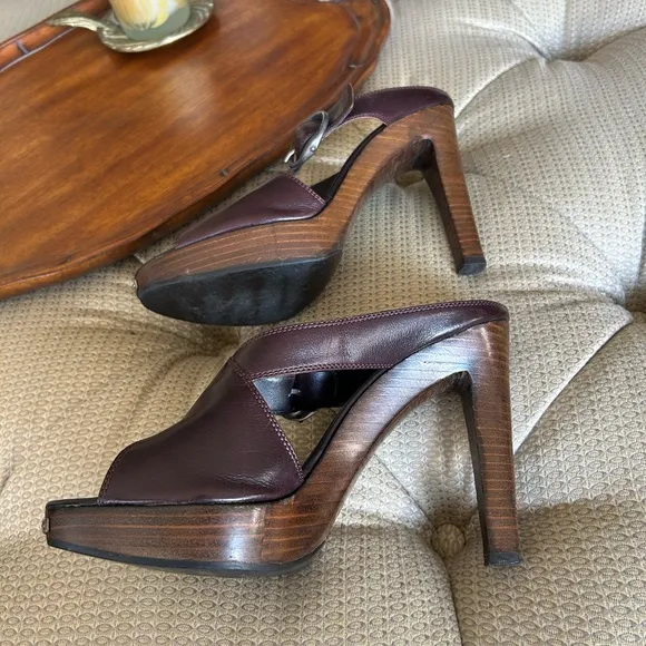 Yves Saint Laurent Women's Brown / Burgundy Wooden Heeled Sandals Size 9