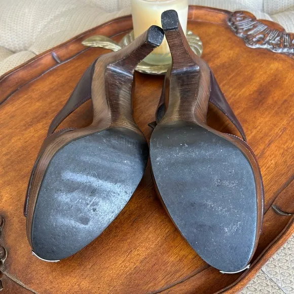 Yves Saint Laurent Women's Brown / Burgundy Wooden Heeled Sandals Size 9