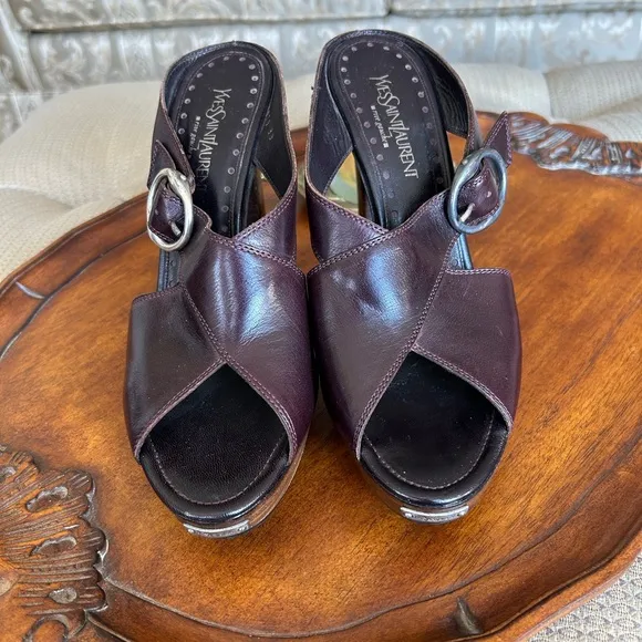 Yves Saint Laurent Women's Brown / Burgundy Wooden Heeled Sandals Size 9