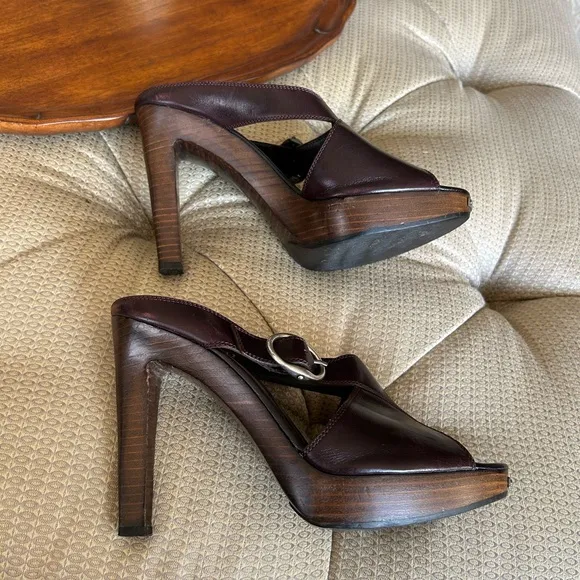 Yves Saint Laurent Women's Brown / Burgundy Wooden Heeled Sandals Size 9