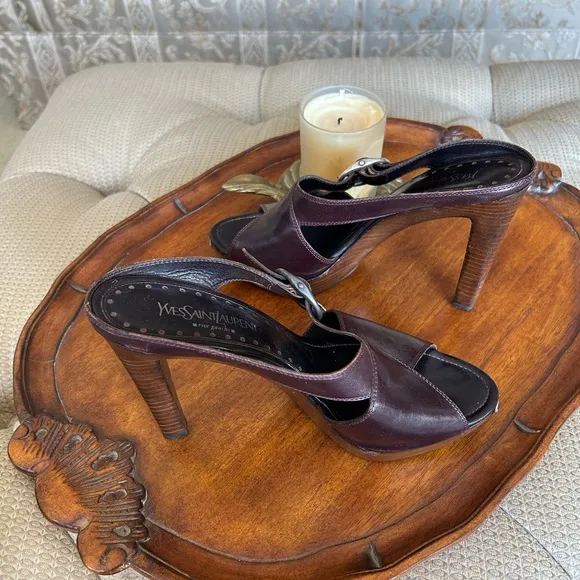 Yves Saint Laurent Women's Brown / Burgundy Wooden Heeled Sandals Size 9