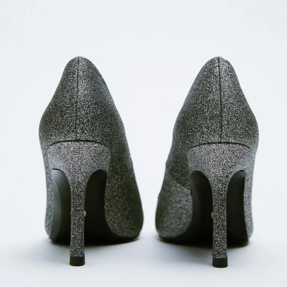 Zara Glitter High Heel Shoes Silver